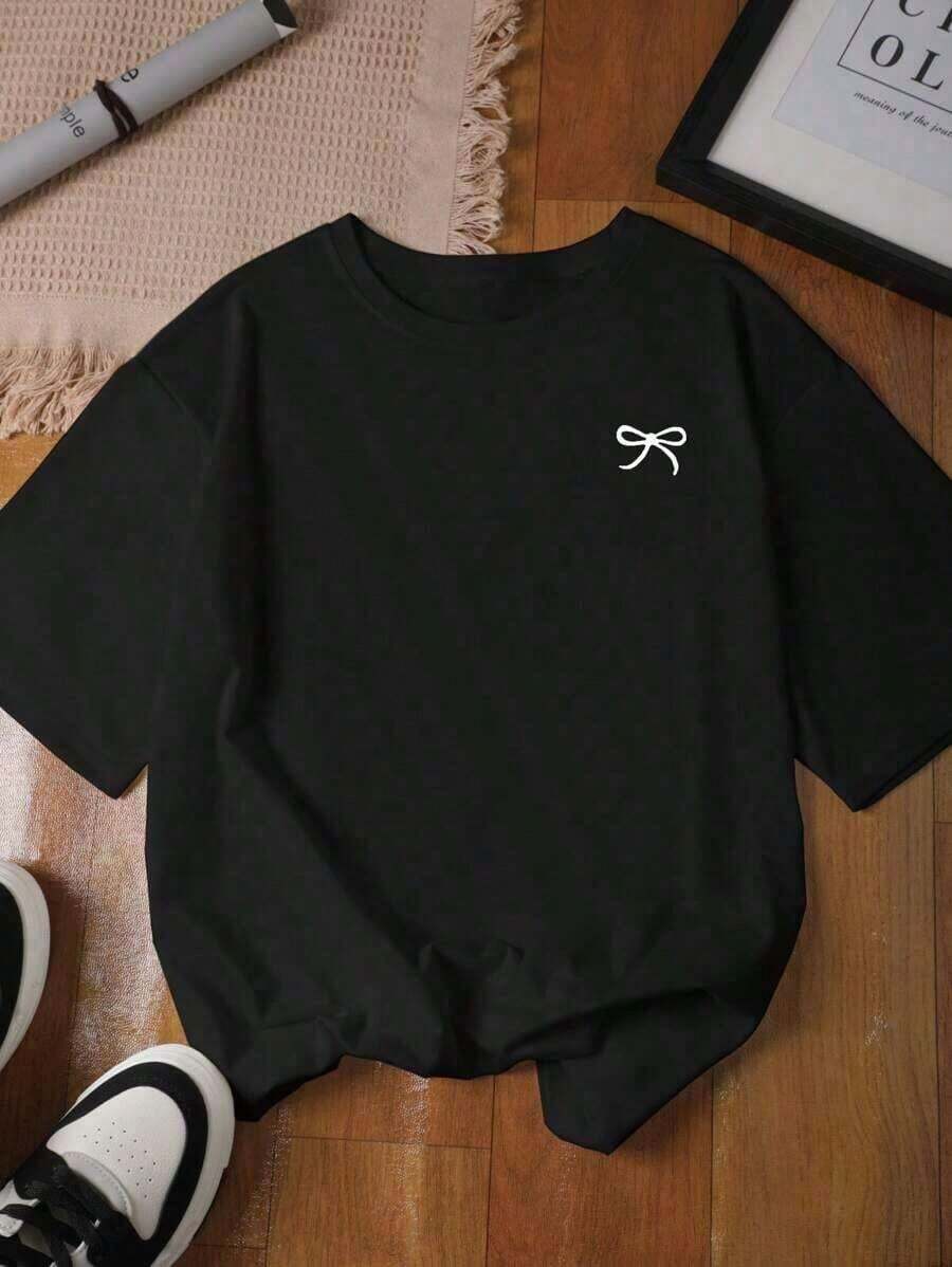 Blusa casual de talla grande para mujer, de cuello redondo, manga corta, longitud regular, de tela de punto con estampado de lazo, hombros caídos y semi transparentenacional envio mujer,blusas para mujer>manga largo - Negro - Ver 1