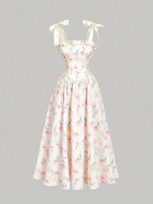 MOD Vestido largo con estampado floral y tirantes con lazo para mujer, ideal para primavera, graduación, vestidos modestos para mujer, vestidos para vacaciones de primavera - Multicolor 3 - Ver 3