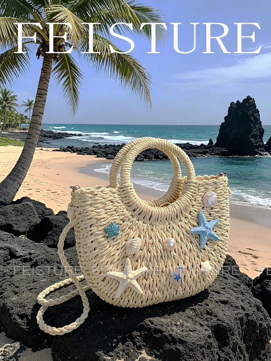 Starfish & Shell Crochet Handbag, Small Beach Straw Tote Bag, Shoulder Crossbody