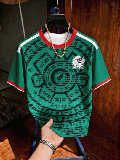 Mexico National Football Team Jersey, Contrast Color Trim Round Neck Short Sleeve Fan Cheering Shirt