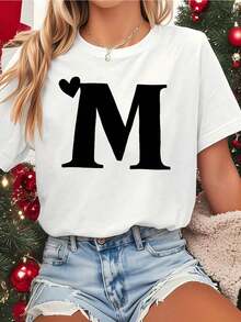100% algodón, 1 pieza, camiseta blanca para mujer con estampado de corazón y letra M, cuello redondo, camiseta casual de algodón, tejido de punto de elasticidad media, corte regular para damas, para primavera/verano/otoño. - Blanco - Ver 1