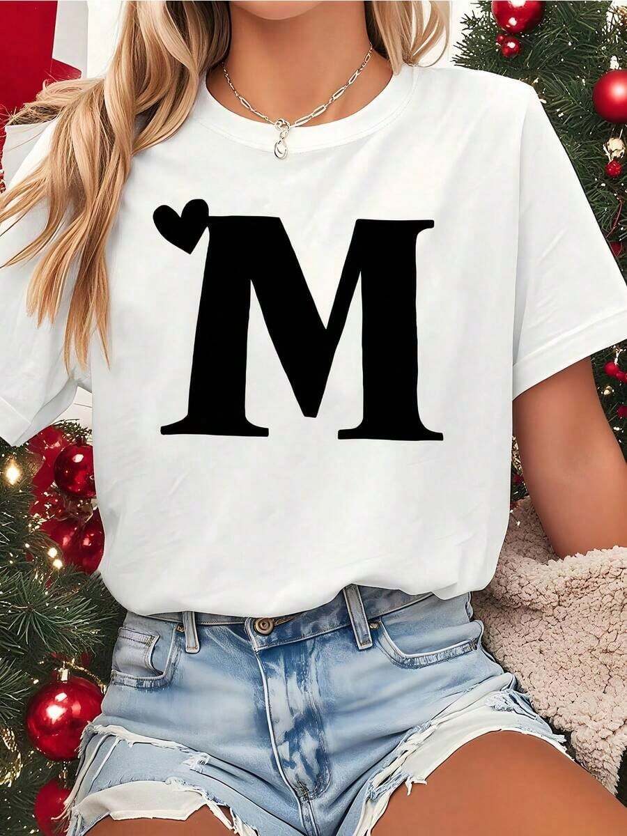 100% algodón, 1 pieza, camiseta blanca para mujer con estampado de corazón y letra M, cuello redondo, camiseta casual de algodón, tejido de punto de elasticidad media, corte regular para damas, para primavera/verano/otoño. - Blanco - Ver 1