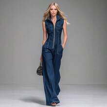 Women's Denim Sleeveless Zipper Front Jumpsuit, High Neck Wide Leg Jumpsuit With Contrast Stitching, Casual Streetwear Outfit - màu đen - Xem 5