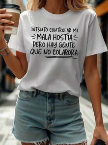 Camiseta Casual de Manga Corta y Cuello Redondo para Mujer, Estampado "Bad Temper" de Spanish Control, Primavera-Verano, para Uso Diario, Ocio, Regalo de Vacaciones, Atuendos Cotidianos - Blanco - Ver 1
