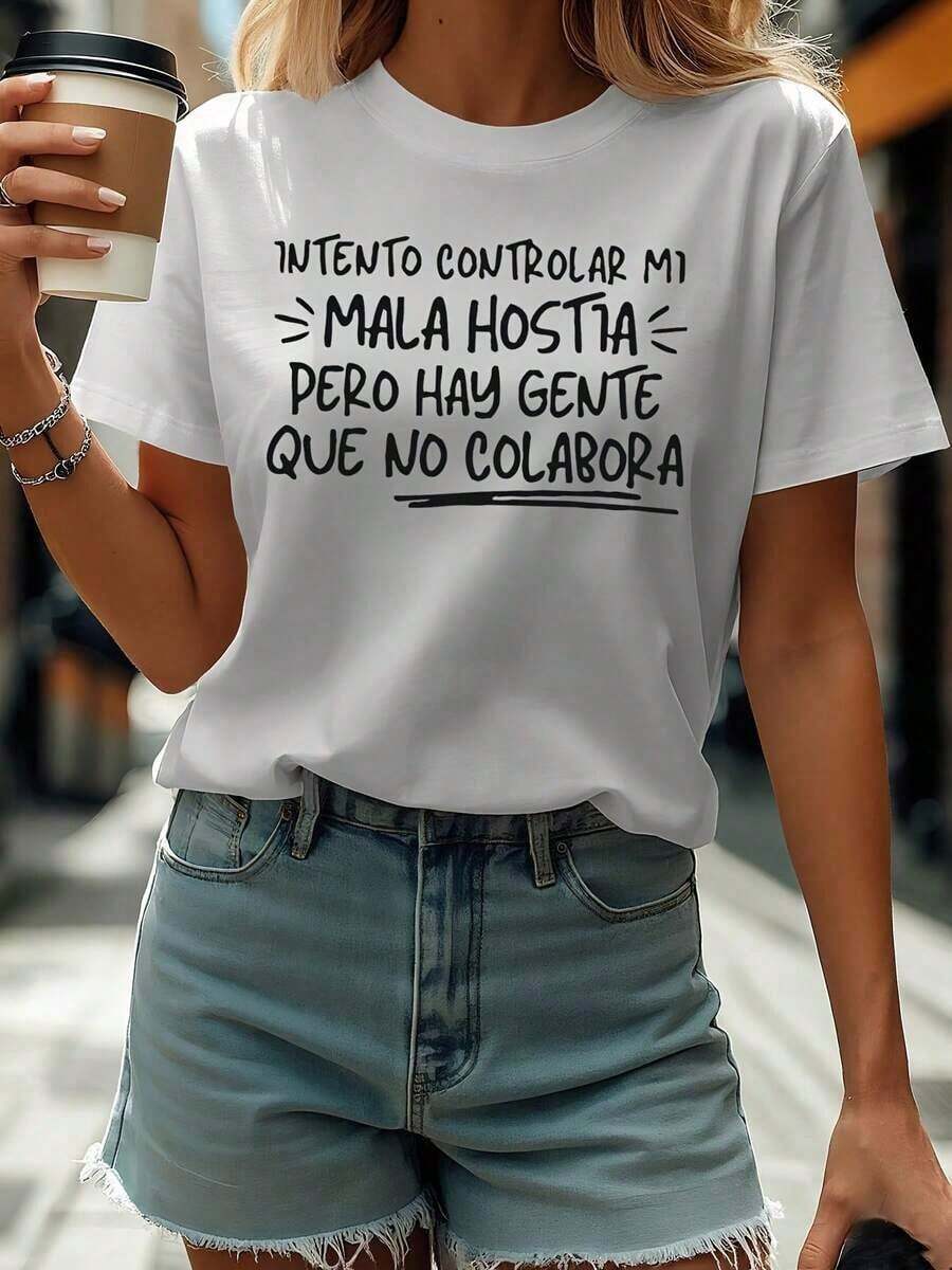 Camiseta Casual de Manga Corta y Cuello Redondo para Mujer, Estampado "Bad Temper" de Spanish Control, Primavera-Verano, para Uso Diario, Ocio, Regalo de Vacaciones, Atuendos Cotidianos - Blanco - Ver 1