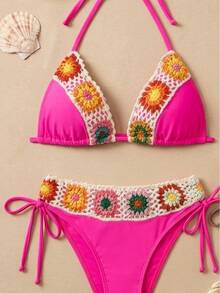 Summer Beach Boho Crochet Trim Bikini, Halter Triangle Tie Two-Piece Swimsuit,Perfect For Beach Vacations - Hồng - Xem 8