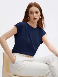 Blusa de satén de corte holgado con mangas acampanadas para mujer, elegante y versátil para ocasiones urbanas románticas, formales, de viaje, como invitada de boda, cumpleaños, casual de negocios, citas, aeropuerto, regreso a clases, uso en la ofi - Azul marino - Ver 6