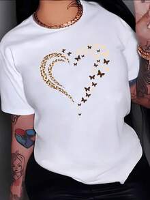 Heart Formed By Feline Curves And Golden Butterflies Symbolizing Inner Strength And The Freedom Of The Feminine Soul. Women's Casual, Modern, Comfortable T-Shirt For Everyday Wear. - 白色 - 查看 8
