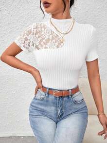 Privé Camiseta con encaje en contraste de cuello alto - Blanco - Ver 6