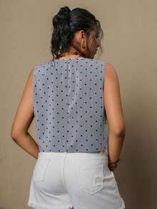 Blusa casual de mujer talla grande de cuello en V de una sola hilera con rayas y sin mangas - Gris - Ver 3