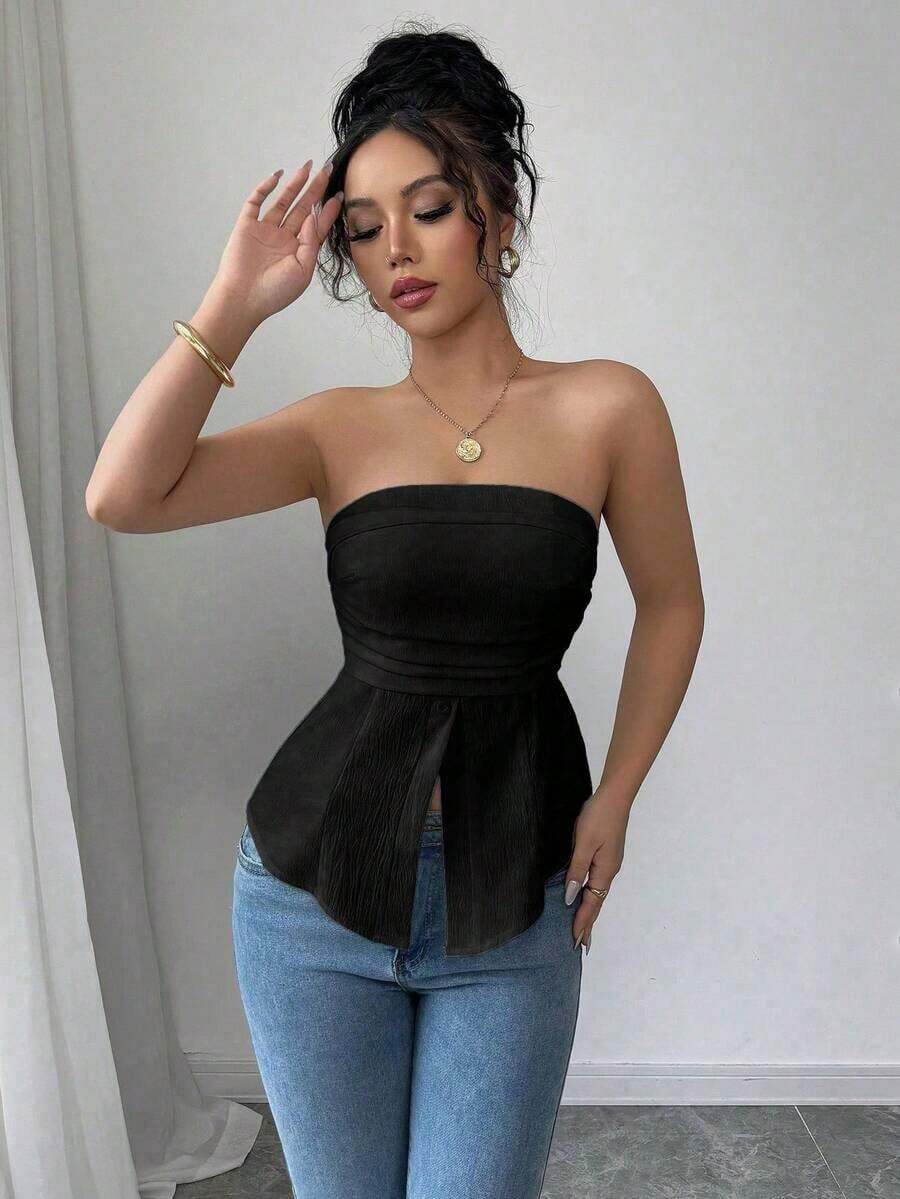 Blusa casual y sexy con diseño sin espalda y textura tejida para mujer, /verano - Negro - Ver 1