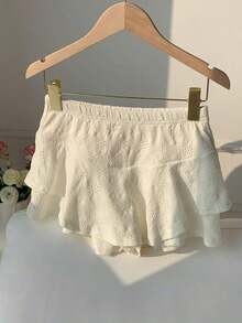 Culotte de mujer de cintura elástica y bajo con volantes de unicolor - Blanco - Ver 2