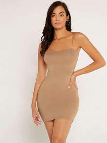 BASICS Vestido de tirantes ajustado de un solo color - Caqui - Ver 6