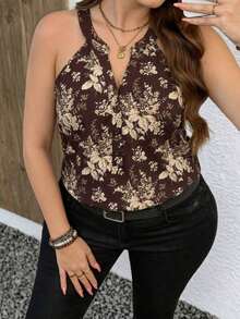 Blusa de hombros descubiertos elegante con estampado floral all-over para tallas grandes en verano - Café integral - Ver 6