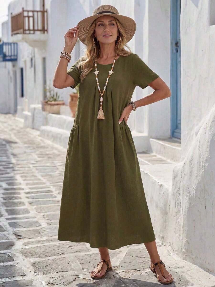 Vestido casual de mujer de unicolor con doble bolsillo - Verde - Ver 1