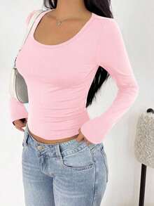Camiseta básica de manga larga y cuello redondo negro ajustada para mujer, perfecta para el verano - Rosa Pálido - Ver 7