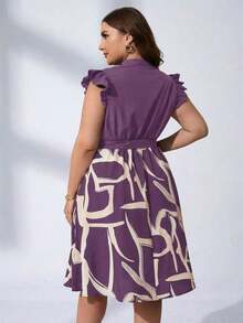 Vestido con estampado gráfico, cuello con muesca, volantes, cinturón, lunares, vestidos para mujer, vestidos casuales de primavera, vestidos de picnic, vestidos de verano, vestidos de primavera, vestidos de festival, vestidos de Pascua, vestid - Morado Violeta - Ver 2