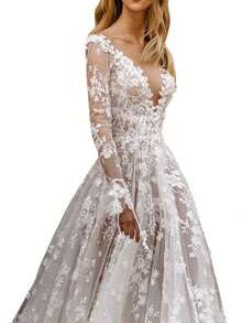 Elegant A-Line Lace Wedding Dress with Deep V-Neck, Vintage Floral Applique, and Long Sleeves for Bridal Ceremony - Blanco - Ver 3