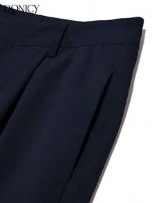 Pantalones rectos plisados de cintura alta, de unicolor, para mujer, suaves y cómodos, versátiles, elegantes y casuales urbanos, adecuados para uso diario casual, citas, fiestas, San Valentín, carnaval y oficina - azul real - Ver 3