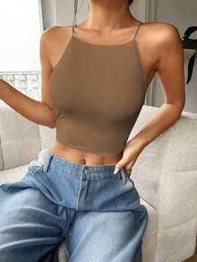 Top Corto Ajustado Y Sin Mangas En Color Sólido Para Mujer Con Cuello Halter - Café integral - Ver 4