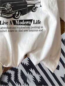 Camiseta de mujer con estampado de letras, cuello redondo, hombros caídos, manga corta de verano, top con estampado de coches vintage, ropa de verano para mujer, estilo urbano. - Blanco - Ver 4