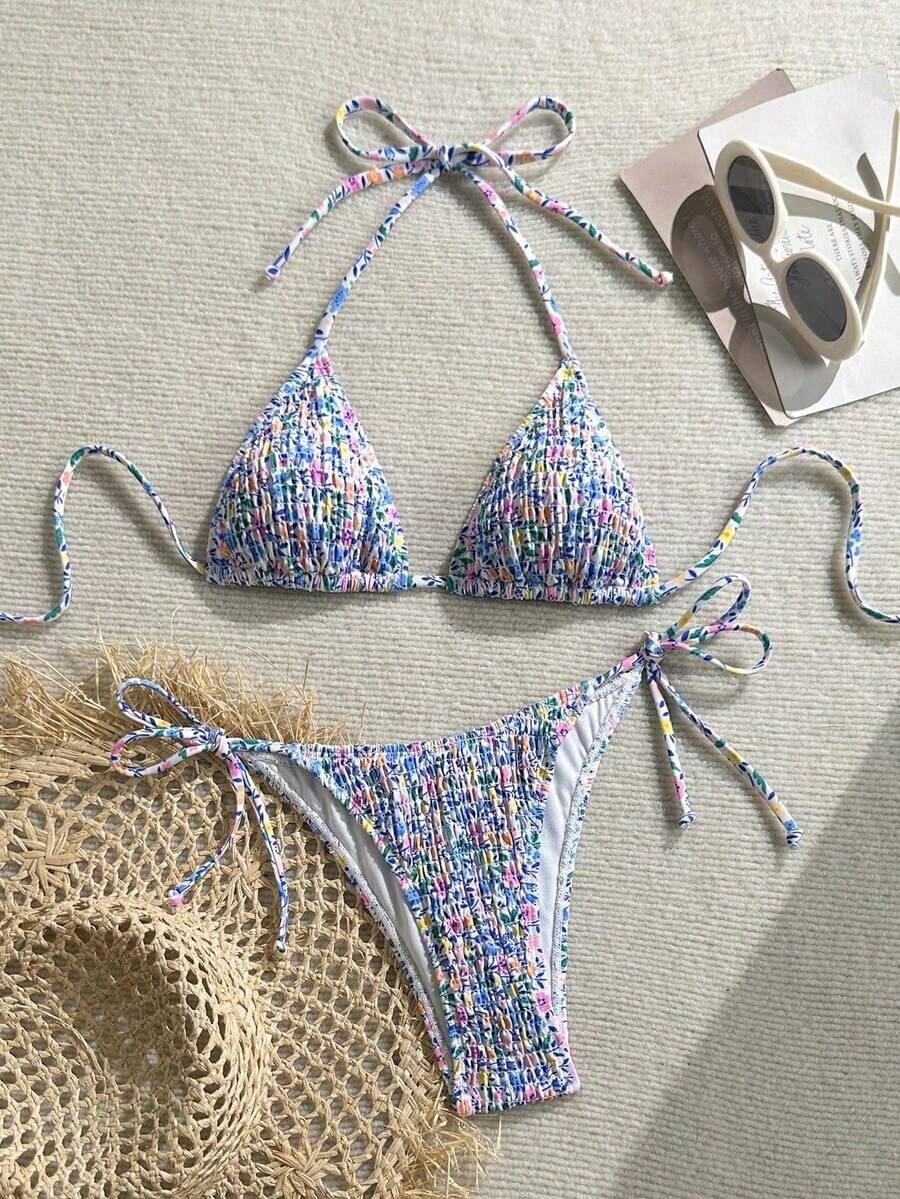 Swim Mod Conjunto de bikini sexy para mujer con estampado floral de verano, copa push-up y cuello halter con lazo - Multicolor 6 - Ver 1