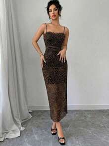Vestido de largo medio con estampado de leopardo, encaje y parches, de tela elástica, sin espalda, vestido romántico y sexy, adecuado para uso diario, trabajo, vacaciones, fiesta y citas - Marrón - Ver 6