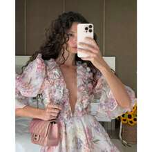Retro Style Dress With V-Neck, Adjustable Ties And Detailed Floral Appliques - Pink - View 5