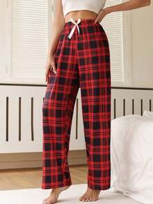 Pantalones de pijama holgados con lazo y estampado de cuadros para mujer, otoño e invierno - Rojo - Ver 4