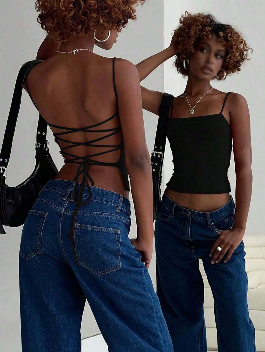 Camiseta sin espalda de unicolor y sexy para mujer - Negro - Ver 1
