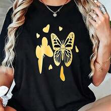 Women's T-Shirt For Home Use, Shopping, Personalized Outdoor Activities, Elegant And Casual Style, Summer Fashion, Comfort, Regular Fit, Modern Style For Work, Daily Wear For Going Out, Sports And Fitness. - 黑色 - 查看 1