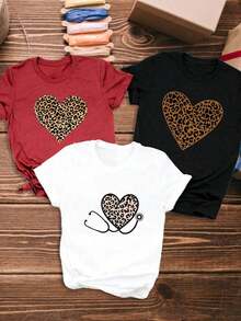Single Garment, Not A 3-Piece Set, 1 Piece/Set Of Short-Sleeved T-Shirts Suitable For Streetwear, Oversized Round Neck Top For Daily Outings, Camping, Concerts, Hip-Hop, Rock, And Rap Events. Women's T-Shirt, Casual Short-Sleeved T-Shirt For Women, Leopard Print Stethoscope And Heart T-Shirt, Women's Short-Sleeved Round Neck T-Shirt, Breathable Pure Cotton Casual Sports Top, Gift For Holidays, Spring, Butterfly, Easter. - 白色 - 查看 7