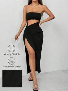 Vestido elástico con corte, frontal retorcido y abertura alta en el muslo - Negro - Ver 9