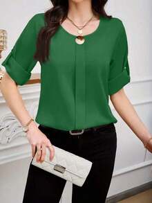 Clasi Blusa casual sencilla para uso diario con cuello redondo, manga corta y botones delanteros para mujer - Verde Oscuro - Ver 5