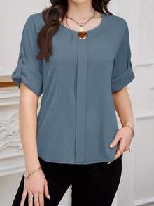Clasi Blusa casual sencilla para uso diario con cuello redondo, manga corta y botones delanteros para mujer - Niebla azul - Ver 4