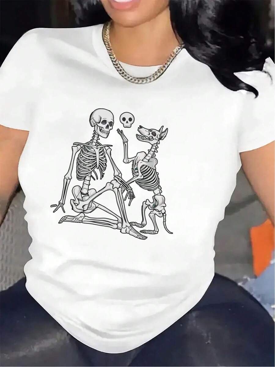 Camiseta de manga corta ligera y duradera, con diseño de calavera, perfecta para la decoración del hogar. Es una opción cómoda para el uso diario, adecuada para espacios como la sala de estar o el comedor. - Blanco - Ver 1