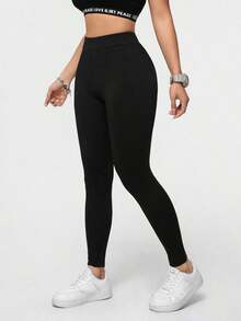 Leggings deportivos de punto de unicolor casual para mujer, adecuados para el verano - Negro 2 - Ver 10