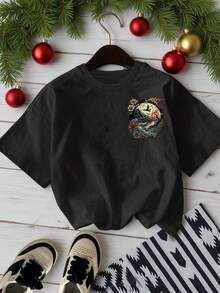 Women's Vintage T-Shirt With Japanese Cherry Blossom And Sunset Print - Casual Short Sleeve Round Neck Top, Loose Fit Artistic Spring Summer Clothing, Durable And Comfortable Casual Wear - 黑色 - 查看 1