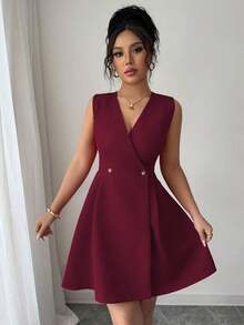 Vestido mini elegante y casual con cuello cruzado en V, hebillas de metal dobles y plisado en línea A, sin mangas, para vacaciones y trabajo, primavera/verano - Burdeos - Ver 4