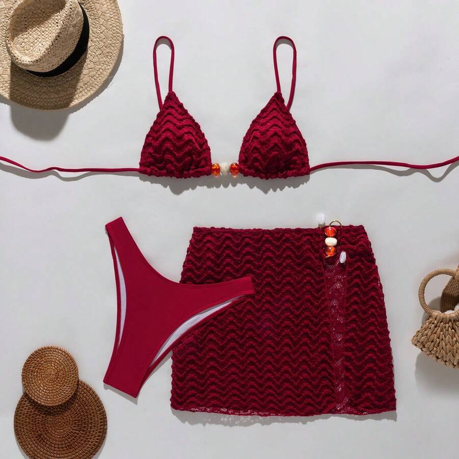 Women's Solid Color Two-Piece Swimsuit, Bikini With A High-End Style And Pure Appeal, Featuring An Adjustable Three-Point Design. - Red - View 1