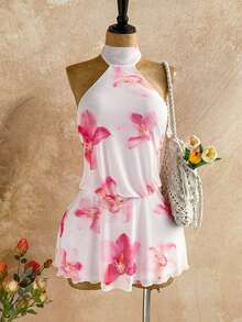 Vestido mini con estampado floral sin espalda y cuello halter para vacaciones casual de mujer - Rosa - Ver 5