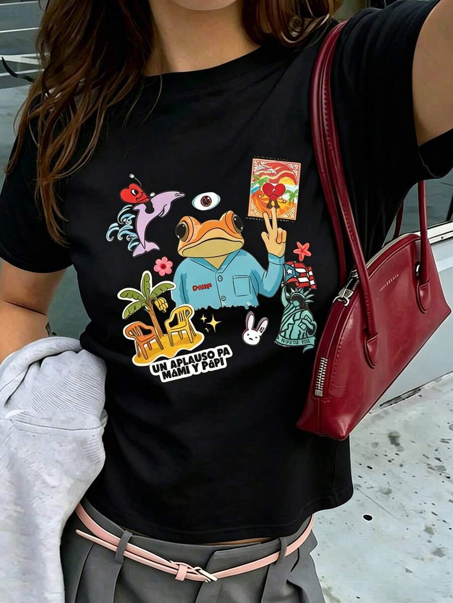 波多黎各Bunny 「DtMF」趣味青蛙獨特印花，派對裝束，閨蜜裝，度假服飾，休閒運動裝，優雅上衣，女士運動裝,頂部女裝，促銷女裝，男女同款，青少年裝、基礎款T卹，夏季女裝，柔軟舒適，夏季、春季、節日、生日派對、派對、海灘、婚禮、畢業典禮、健身房、優雅、休閒、假期、運動、正式、 y2k、鄉村、商務、亮片、褶邊、波點、流蘇、花卉、圖形、豹紋 sudaderas de mujer，su daderas de mujer invierno，sudadera，ropa invierno de mujer，vestiti，winter，polar mujer，forro polar，capucha，sudadera navidad，weihnachten，hoodie，oberteile - 黑色 - 查看 1