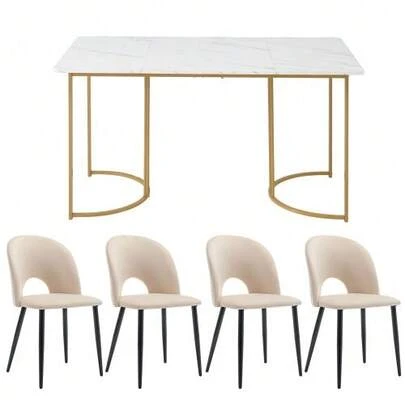 Essgruppe,(Set,140*80cm Esstisch Mit 4 Stühlen), Moderner Küchentisch Set , Samt Esszimmerstuhl Mit Diamantmuster,Verstellbare Stuhlbeine,Beige Samt,MDF Tischplatte In Weißer,Golden Tischbeine