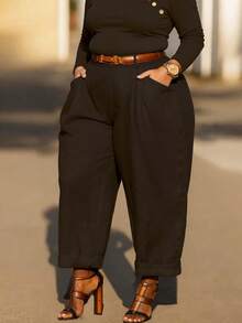 Plus Size Women Vintage Casual Solid Color Pleated Cone Pants, Spring/Summer (Belt Not Included) Black - Black - View 1