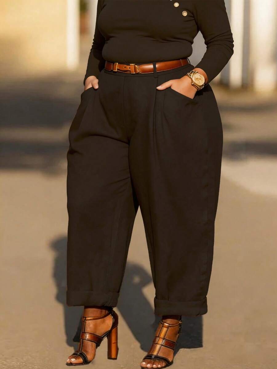 Plus Size Women Vintage Casual Solid Color Pleated Cone Pants, Spring/Summer (Belt Not Included) Black - Black - View 1