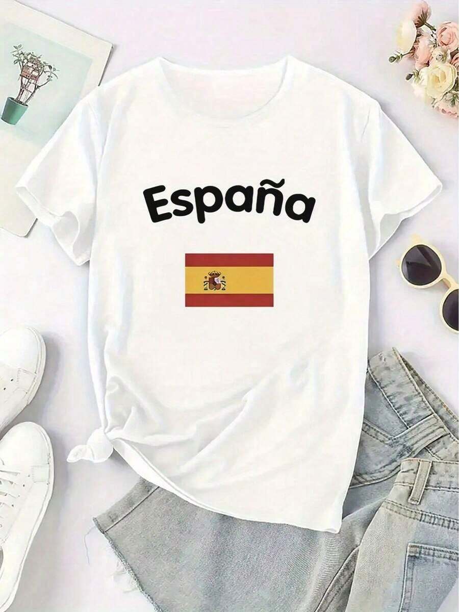 Women's Spanish Flag And Spain Print Camisole - Short-Sleeved Spanish National Pride Camisole With Spanish Text, Casual And Semi-Formal Wear, Machine-Washable Crew Neck Top For Spanish Cultural Events, Suitable For Year-Round Wear. Ideal As A Gift. Women's T-Shirt. Elegant. Bohemian Style. Soft, Breathable, And Comfortable Garment, Perfect For Spring, Summer, And Autumn; Ideal For Vacations, Travel, And Everyday Wear. Perfect For Watching A Game. - 白色的 - 查看 1