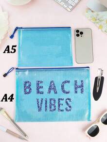 Multi Colored Waterproof Fashionable Mesh Beach Bag, Makeup Bag With Colorful "Beach Atmosphere" Print, Beach Theme With Letters And Sequin Design. Large Capacity Transparent Makeup Bag, Nylon Zipper Wash Bag - Lightweight, Can Store Sunscreen, Snacks, Bikinis, And Beach Essentials. Spring And Summer Storage - Multicolor - View 10