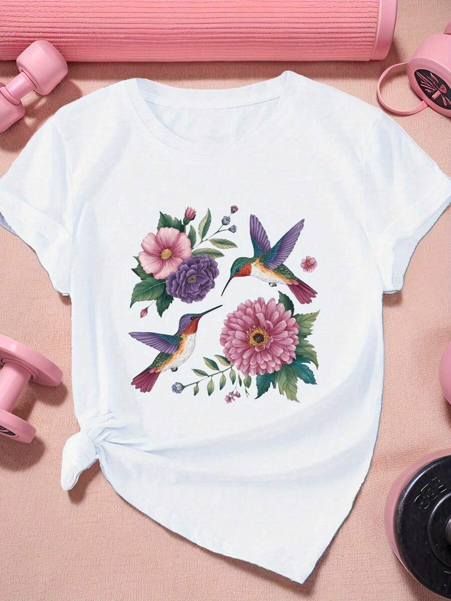Two Women's Short-Sleeved Sports T-Shirts With A Bright Hummingbird Print. A Very Distinctive Printed T-Shirt / Unisex Style / Suitable For Both Men And Women / Wrinkle-Resistant / Breathable - 白色 - 查看 1