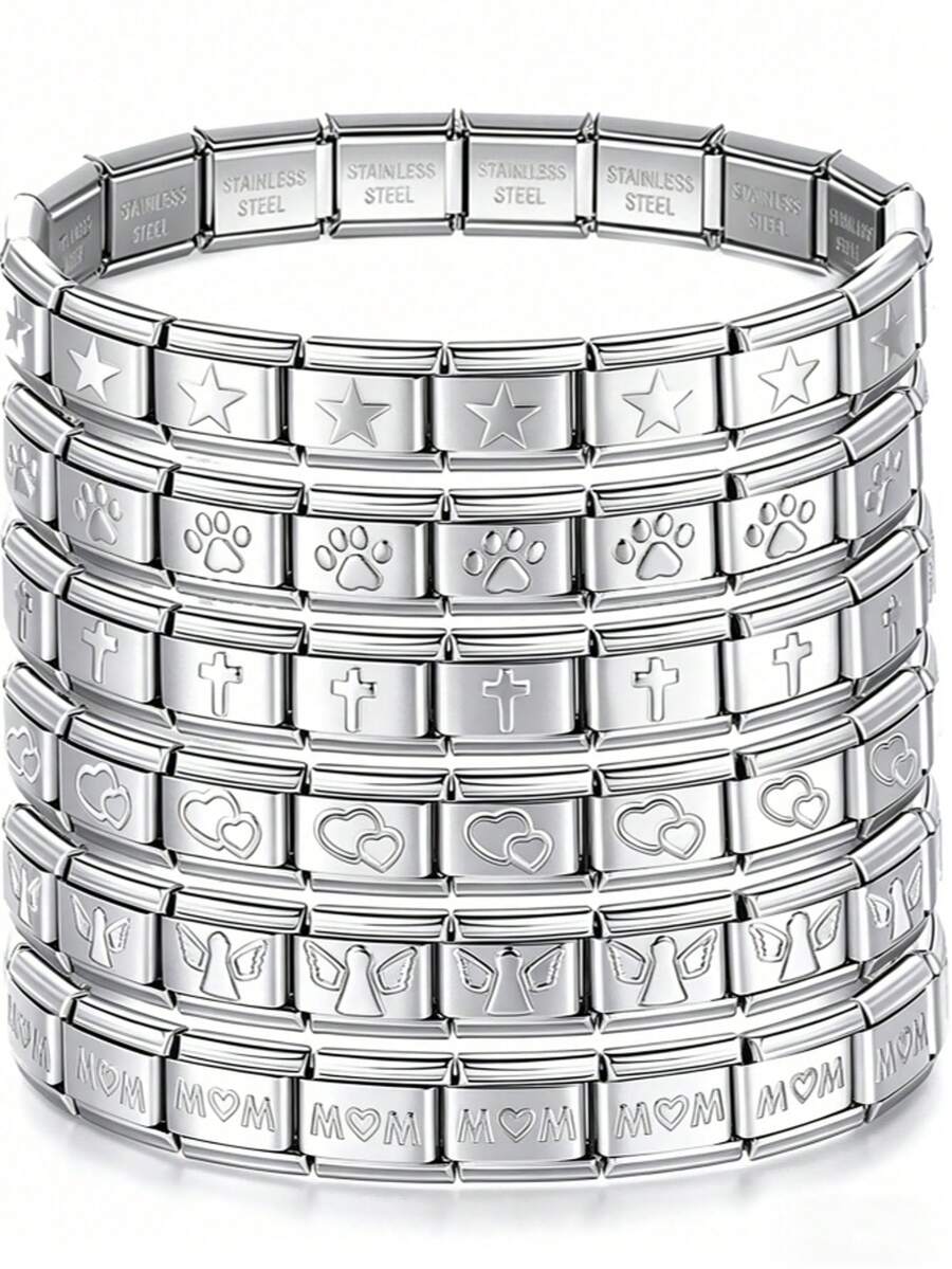 1 Piece Fashion Versatile Bangle, Valentine's Day Modular Heart & Butterfly Bracelet For Women, Stainless Steel Freely Splicable Modular Heart Butterfly Bracelet Set, Perfect Gift For Friends & Sisters, Unisex Design, Ideal Jewelry Gift For Ladies, Great For Daily Outfits & Daily Matching - Silver - View 1