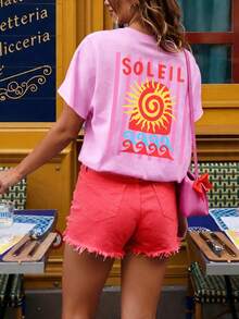 Camisa de manga corta con estampado vintage de atardecer tropical de verano, camiseta gráfica para mujer, tops casuales de color rosa - Rosa - Ver 3